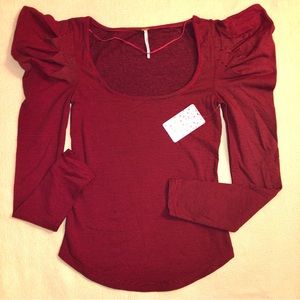 Free People XS Red Pinstripe Puff Sleeve Top NWT